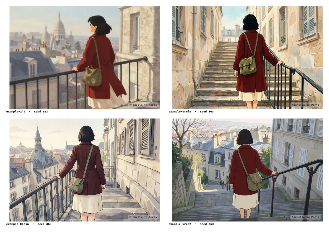 A proof’s comparison page: the same prompt drawn by four models, two by two, each captioned with its bundle and seed