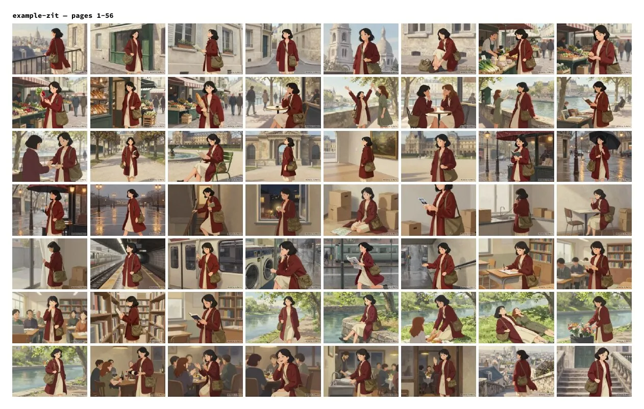 A proof’s index page: fifty-six thumbnails of one model’s panels in story order