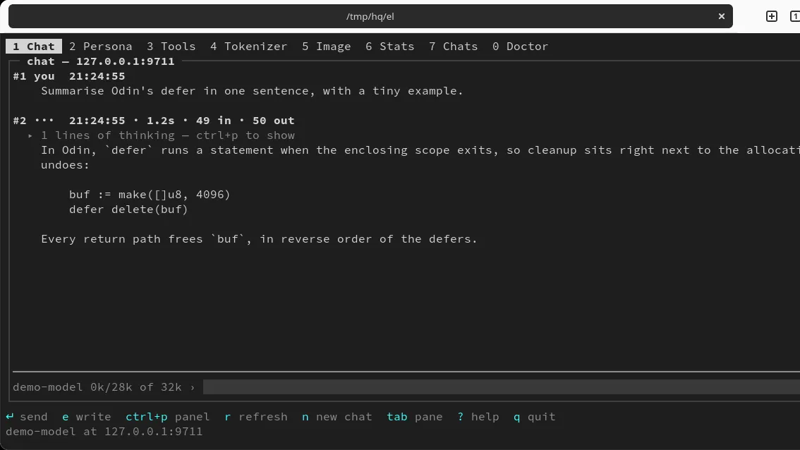 elektron: Amberlin's chat at a terminal prompt, with a persona of its own and panes for tools, tokens and pictures.