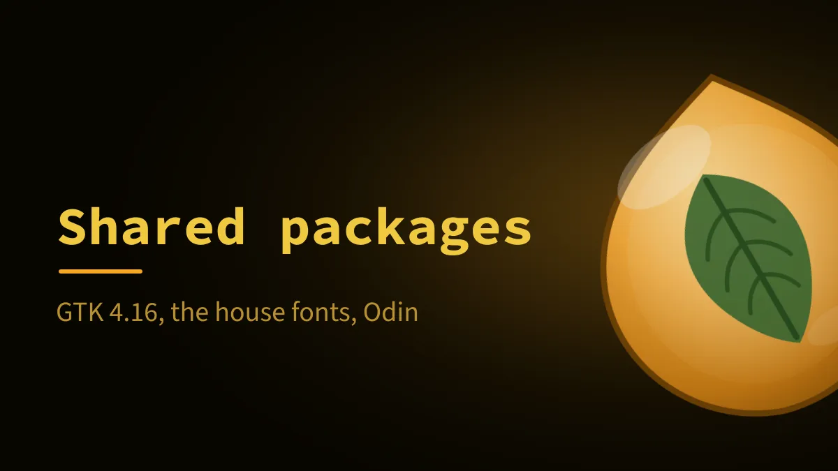 Shared packages: What the applications stand on: a current GTK, VTE and glycin kept in folders of their own, the house fonts, and the Odin compiler, packaged once so every application can share them.