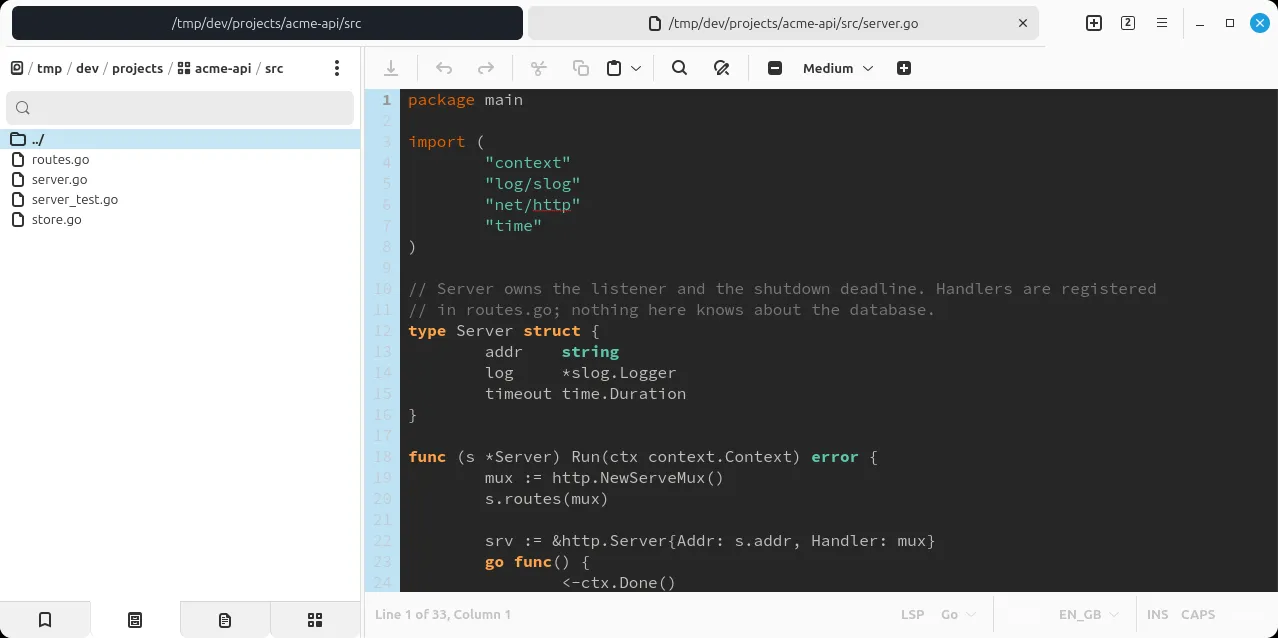 The built-in editor with syntax highlighting, beside the file explorer