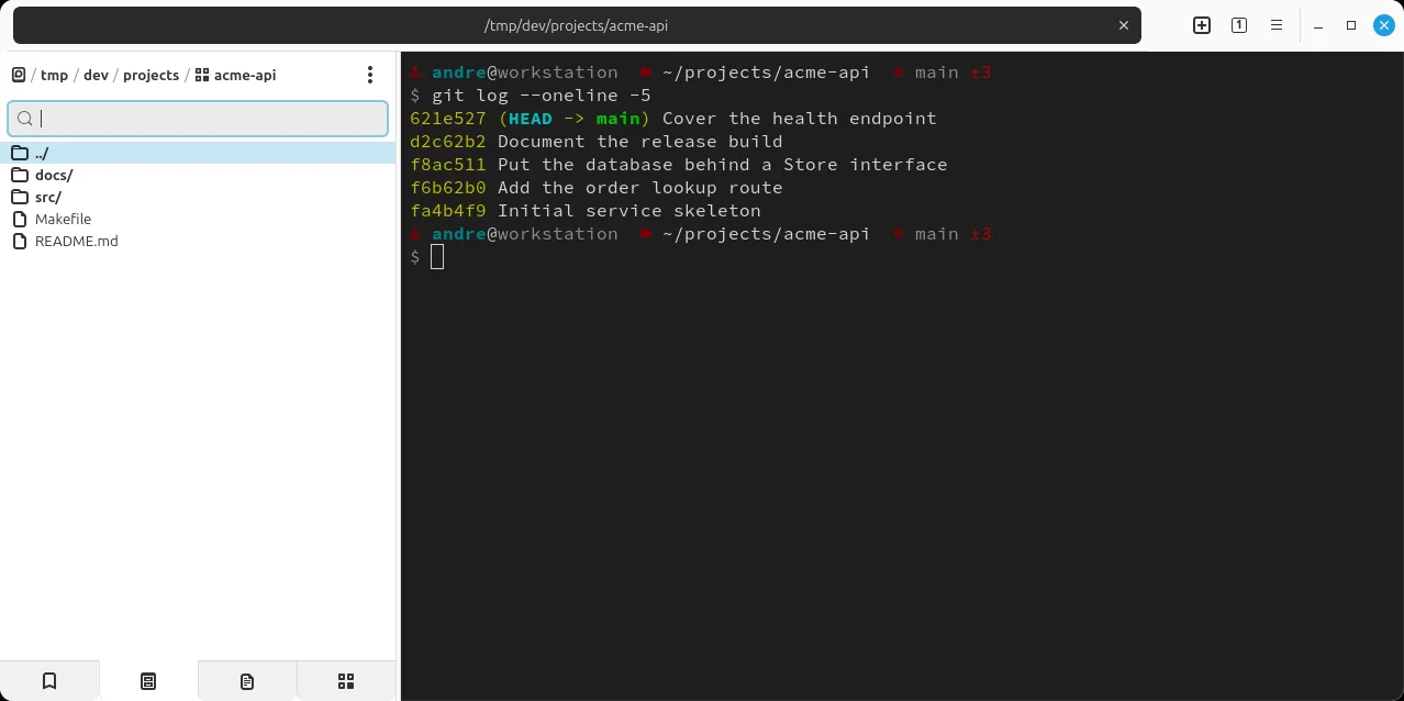 A file explorer beside a shell; breadcrumb, tree and prompt all track the same working directory