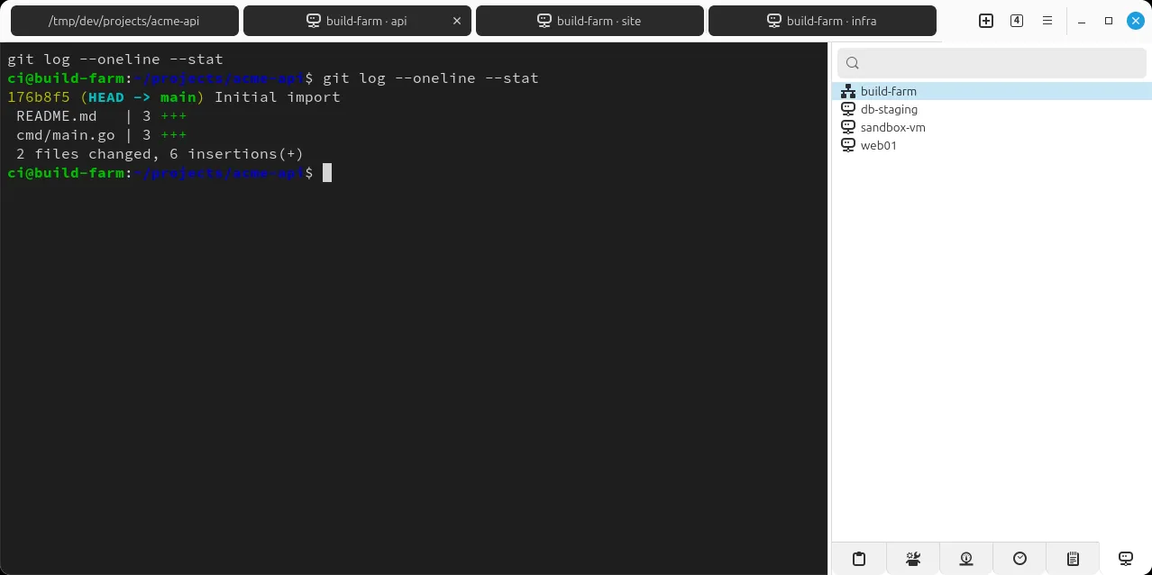 Three windows of a remote tmux session as native tabs, beside the panel listing the hosts from your own ssh config