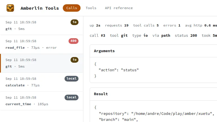 amberlin-tools: A local tool server that gives the language model real facts instead of letting it guess: the time, the disks, the processes, your files and notes, the weather.